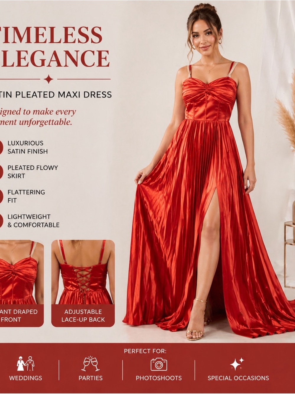 Red Satin Pleated Maxi Dress with Side Slit